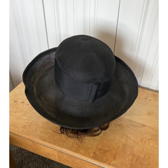 Vintage Frank Olive Neiman Marcus Hat Womens Black Rolled Brim Church Sun Garden